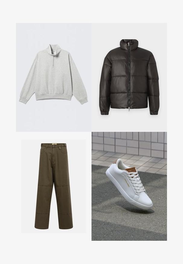 Zwarte pufferjack met een hoge kraag, ritssluiting en horizontaal gestikte secties. Gemaakt van glanzend, glad materiaal met elastische manchetten.; Lichtgrijze sweatshirt met een hoge kraag, halve ritssluiting, verlaagde schouders en geribbelde boorden en zoom. Zachte, gestructureerde stof.; Olijfgroene wijde broek van katoen, met een knoopsluiting, riemlussen en stikselaccenten. Twee achterzakken en één achterzak.; Witte leren sneakers met een gladde textuur, tan accent op de hiel, gouden logo aan de zijkant en een rubberen zool met een gestructureerde grip.