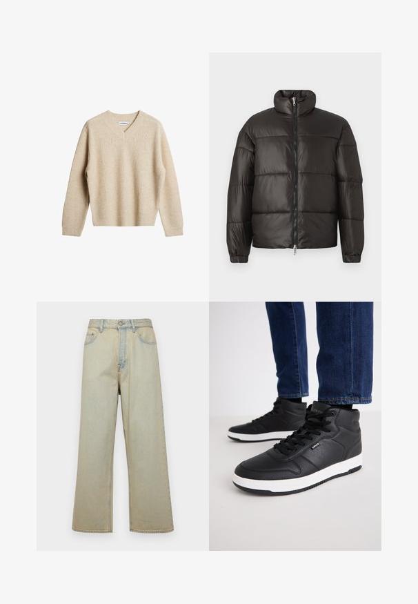 Mustat puffatakki, jossa on korkea kaulus, vetoketjusulku ja vaakasuorat tikkausosat. Valmistettu kiiltävästä, sileästä materiaalista ja joustavista hihaosuista.; Beige, ribbed knit-pusero, jossa on V-mallinen kaula-aukko ja pitkät hihat. Ominaisuuksiin kuuluu rento istuvuus ja teksturoitu kangas lisälämpöä ja mukavuutta varten.; Vaaleansiniset leveät farkut, jotka on valmistettu denimistä ja joissa on haalistunut pinta. Varustettu viidellä taskulla ja etunappikiinnityksellä.; Mustat korkeat dressarit, jotka on valmistettu teksturoidusta nahasta. Niissä on mustat nauhat, valkoinen kumipohja ja pieni logo sivussa.