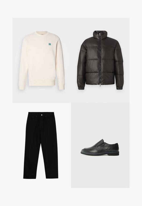 Black puffer jacket with a high collar, zip closure, and horizontal quilted sections. Made of shiny, smooth material with elastic cuffs.; Cream-colored sweatshirt made of soft fabric, featuring a round neckline, ribbed cuffs, a straight hem, and a small blue emblem on the chest.; Black denim pants featuring a straight-leg cut, five-pocket design, and a front button closure. Smooth texture with minimal stitching details.; Black leather slip-on shoe with a smooth upper, stitched accents, rounded toe, and a low rubber heel. Sole features minimal tread.