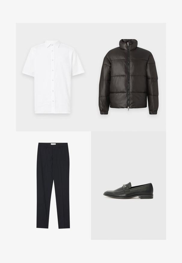 Melns pūkains mētelis ar augstu apkakli, ar rāvējslēdzēju un horizontālām izšūtām daļām. Izgatavots no spīdīga, gluda materiāla ar elastīgām aprocēm.; Balta īsām piedurknēm pogājama krekla no viegla auduma. Iekļauj klasisku apkakli, taisnu piegriezumu un sešas pogas priekšpusē.; Melni pielāgoti bikses ar taisnu priekšpusi, regulāra piegriezuma, izgatavotas no gluda auduma, ar presētām krokām un sānu kabatām.; Melna ādas loafer izmēra apavi ar gludu virsmu, piedāvā ar šūtu dizainu un dekoratīvu metāla ķēdes akcentu pār vampu. Plakana papēža daļa.