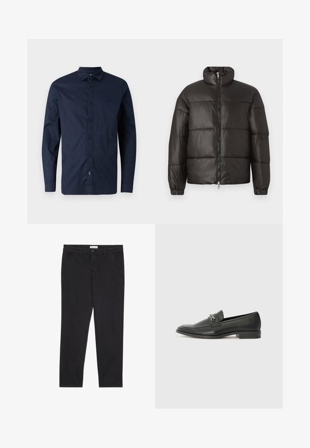 Schwarze Steppjacke mit hohem Kragen, Reißverschluss und horizontalen Steppnähten. Hergestellt aus glänzendem, glattem Material mit elastischen Bündchen.; Marineblaue Langarmbluse aus Baumwolle, mit einem Button-Down-Kragen, einer Knopfleiste auf der Vorderseite und einem dezenten Logo auf der Brust.; Schwarze Baumwollhose im Slim-Fit-Stil mit zwei seitlichen Taschen und einem vorderen Knopfverschluss. Strukturierter Stoff mit subtilen Details.; Schwarzer Lederloafer mit glatter Oberfläche, ausgestattet mit einer gesteppten Gestaltung und einem dekorativen Metallkettendetail über dem Vorderblatt. Flacher Absatz.