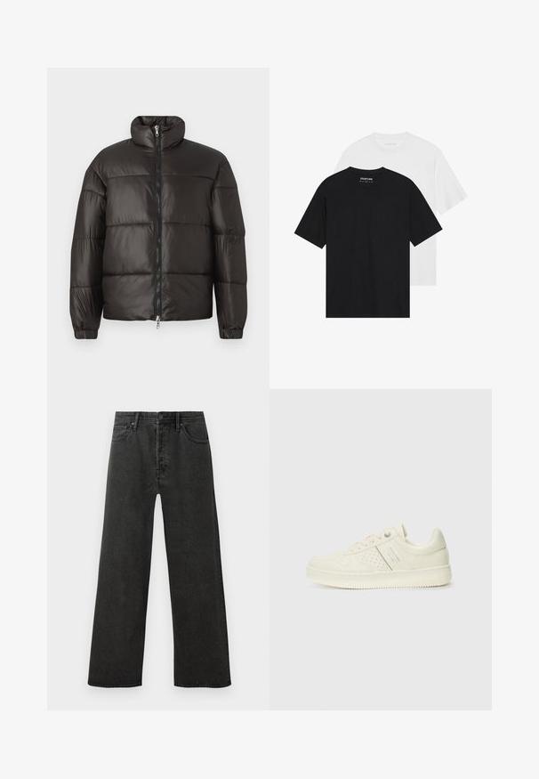 Juodas pūkuotas švarkas su aukštu apykakle, užtrauktuku ir horizontaliomis siuvinėtomis dalimis. Pagamintas iš blizgaus, lygaus audinio, su elastinėmis rankovėmis.; Du suknelės, viena juoda, kita balta, su trumpomis rankovėmis, apvaliais kakliukais ir lygiu medvilnės tekstūra. Ženklo etiketė matoma viduje.; Juodos aukštu liemeniu tiesios kojos džinsai su priekiniais mygtukais, užtrauktuko uždarymu ir penkių kišenių dizainu ant balto fono.; Kremo spalvos sportbačiai su perforuotomis detalėmis, raišteliais ir logotipu šone, išdėstyti prieš paprastą baltą foną.