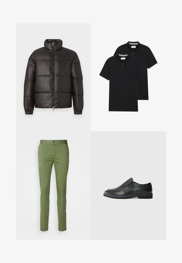 Black puffer jacket with a high collar, zip closure, and horizontal quilted sections. Made of shiny, smooth material with elastic cuffs.; Two black polo shirts, short-sleeved, cotton material, featuring a classic collar, two-button placket, and white striped accents inside the collar.; Green chinos with a slim fit, made of twill fabric. Features a button closure and side pockets, with a smooth texture and tailored design.; Black leather slip-on shoe with a smooth upper, stitched accents, rounded toe, and a low rubber heel. Sole features minimal tread.