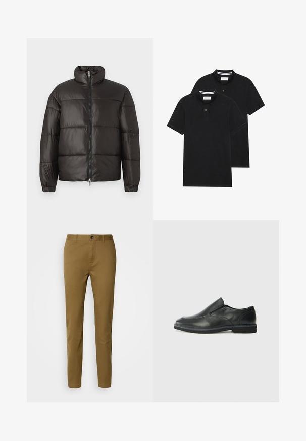 Svart pufferjakke med høy krage, glidelås og horisontale quilte seksjoner. Laget av blankt, glatt materiale med elastiske mansjetter.; To svarte polo skjorter, kortermet, i bomullsmateriale, med krage i klassisk stil, to-knapps knappestolpe, og hvite striper inni kragen.; Brune bomullsbukser med rett passform, med knappelukking og beltestropper, glatt tekstur og uten synlige mønstre eller detaljer.; Sorte skinn slip-on sko med en jevn overflate, stikking detaljer, rund tå og en lav gummihæl. Sålen har minimal mønstring.