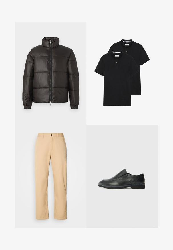 Zwarte pufferjack met een hoge kraag, ritssluiting en horizontaal gestikte secties. Gemaakt van glanzend, glad materiaal met elastische manchetten.; Twee zwarte polo shirts, met korte mouwen, van katoen, met een klassieke kraag, een knoopsluiting met twee knopen en witte gestreepte accenten aan de binnenkant van de kraag.; Khaki katoenen broek met een rechte pijpdesign, voorzien van een knoopsluiting aan de voorkant en riemlussen. Gladde textuur en een effen oppervlak.; Zwarte leren instapper met een soepele bovenkant, gestikte accenten, ronde neus en een lage rubberen hak. De zool heeft minimale profiel.