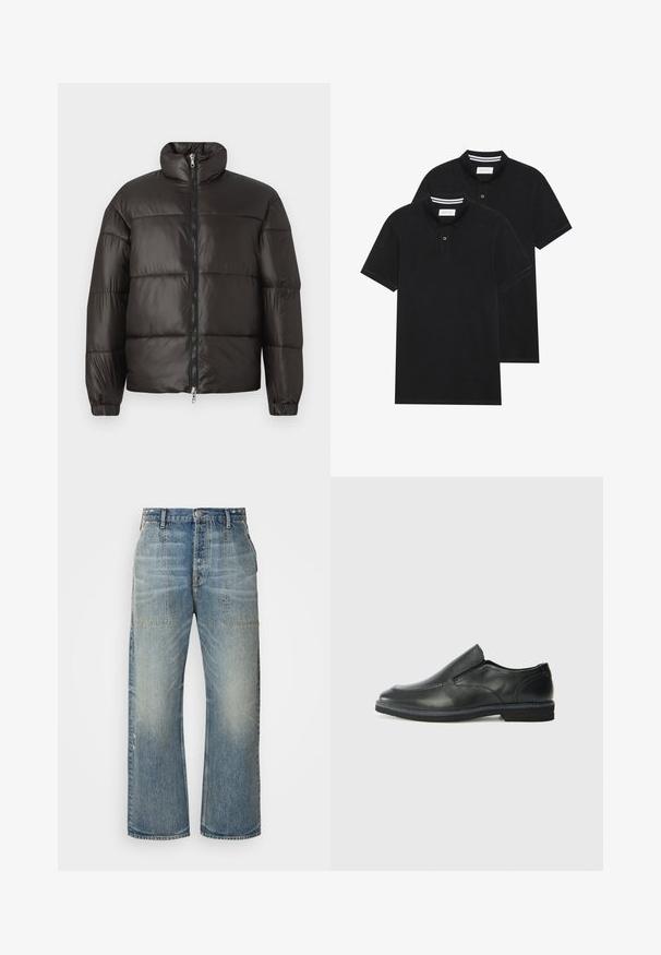Melns pūkains mētelis ar augstu apkakli, ar rāvējslēdzēju un horizontālām izšūtām daļām. Izgatavots no spīdīga, gluda materiāla ar elastīgām aprocēm.; Divas melnas polo krekli, īsām piedurknēm, no kokvilnas materiāla, ar klasisku apkakli, divu pogu aizdari un balti svītroti akcenti apkakles iekšpusē.; Gaiši zili džinsi ar plašajām kājām, augsta josta, divi priekšējie kabatas un viegli izbleisa. Klasisks piecu kabatu dizains.; Melnas ādas slip-on kurpes ar gludu augšdaļu, izšūtām akcentiem, noapaļotu purngala daļu un zemu gumijas papēdi. Zole ar minimālu rakstu.