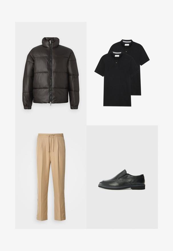 Schwarze Steppjacke mit hohem Kragen, Reißverschluss und horizontalen Steppnähten. Hergestellt aus glänzendem, glattem Material mit elastischen Bündchen.; Zwei schwarze Polohemden, kurzärmlig, aus Baumwolle, mit einem klassischen Kragen, zwei Knöpfen und weißen Streifenakzenten im Inneren des Kragens.; Helles beigefarbene Hosen aus glattem Stoff, mit einem elastischen Bund, zwei Falten vorne und geraden, lockeren Beinen für Komfort.; Schwarze Leder-Slipper mit glattem Obermaterial, gesteppten Akzenten, runder Zehenpartie und niedrigem Gummiabsatz. Die Sohle hat ein minimales Profil.