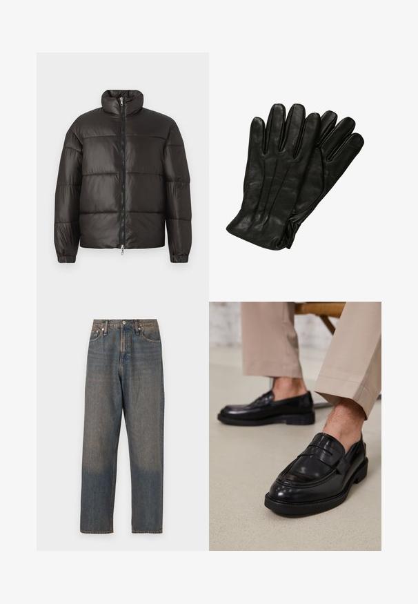 Casaco puffer preto com colarinho alto, fecho de zip e secções acolchoadas horizontais. Feito de material brilhante e suave com punhos elásticos.; T-shirt de manga longa branca feita de algodão. Apresenta um pequeno design gráfico castanho escuro no peito. Gola redonda clássica e corte reto.; Jeans de denim em azul escuro com um efeito desbotado. Apresentam pernas retas, um design clássico de cinco bolsos e fecho de botão metálico.; Mocassins de couro preto com acabamento liso, apresentando uma faixa decorativa e costura em contraste, acompanhados de calças bege.; Luvas de couro preto com uma textura lisa, cinco dedos e detalhes de costura subtis. Design clássico, adequado para uso em clima frio.