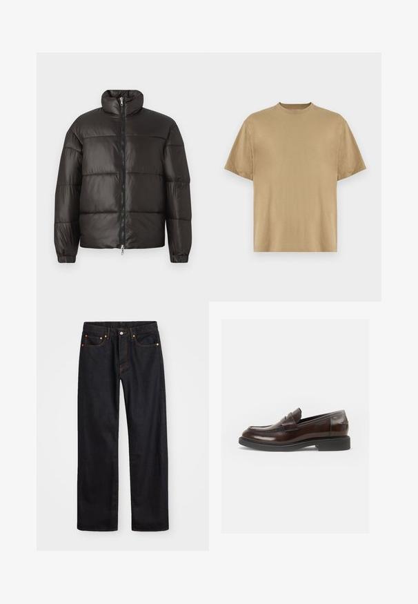 Giacca puffer nera con colletto alto, chiusura con zip e sezioni orizzontali trapuntate. Realizzata in materiale lucido e liscio con polsini elasticizzati.; T-shirt khaki a maniche corte realizzato in morbido tessuto, con scollatura rotonda e vestibilità rilassata. Non sono visibili pattern o grafiche.; Jeans neri in denim dritto da uomo con cinque tasche e cuciture arancioni, chiusura con bottone e zip sulla vita anteriore.; Vagabond ALEX - Mocassini eleganti - chestnut