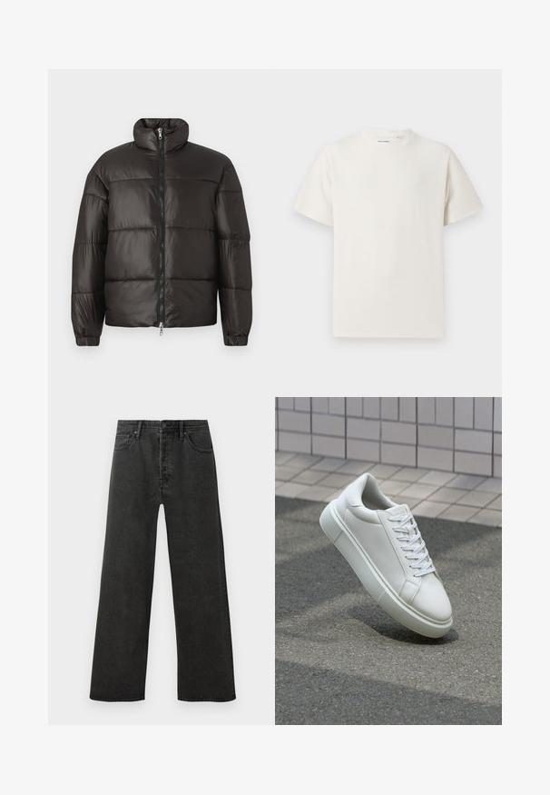 Fekete pufferszék kabát magas gallérral, cipzáras záródással és vízszintesen tűzött részekkel. Fényes, sima anyagból készült, elasztikus mandzsettákkal.; Fehér, rövid ujjú póló bordázott textúrával. Kerek nyakkivágás, laza szabás, nincs látható minta vagy díszítés. Egyszerű és sokoldalú dizájn.; Fekete, magas derekú, egyenes szárú farmernadrág elülső gombbal, cipzáras záródással és öt zsebes kialakítással fehér háttér előtt.; Fehér bőr sportcipő sima felülettel, kerek orral és lapos fehér fűzőkkel. Texturált gumitalppal és minimális dizájnelemekkel rendelkezik.
