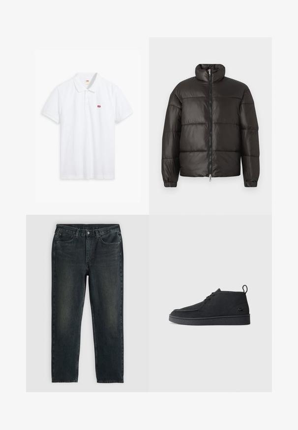 Crna puf jakna s visokim ovratnikom, zatvaranjem na zip i horizontalnim kvadratima. Izrađena od sjajnog, glatkog materijala s elastičnim manžetama.; Bijela polo majica od pamuka. Ima plavu trodugu dugmad, kratke rukave i mali crveni Levi's logo na lijevoj strani prsiju.; Tamno plavi traperice s ravnim krojem, koje imaju pet džepova, rajsferšlus i kontrastne šavove. Diskretno izbljeđivanje na tkanini.; Crne antilop čizme do gležnja sa vezicama, kopčom za povlačenje i teksturiranom potplatom, s malim utisnutim logom krokodila sa strane.