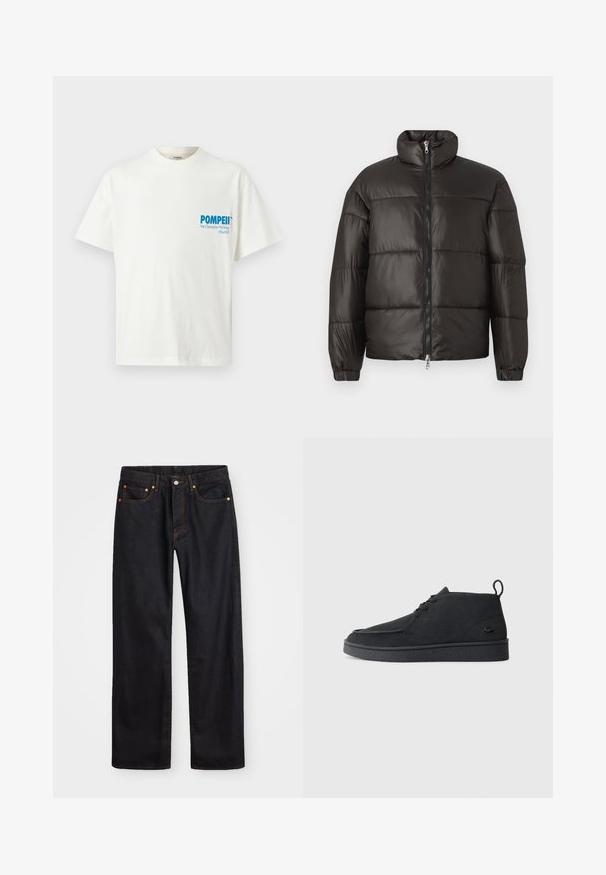 Svart pufferjakke med høy krage, glidelås og horisontale quilte seksjoner. Laget av blankt, glatt materiale med elastiske mansjetter.; Hvit bomulls T-skjorte med korte ermer. Har blå tekst på venstre bryst: "POMPEII We Champion Walking (Madrid)." Enkelt design.; Men's straight-leg svarte denim jeans med fem lommer og oransje søm, knapp og glidelås lukking foran på midjen.; Svart semsket snøring ankelstøvel med drageløkke og teksturert såle, med en liten preget krokodillelogo på siden.