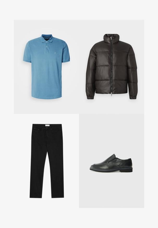 Čierna prešívaná bunda s vysokým golierom, zapínaním na zips a horizontálnymi prešívanými časťami. Vyrobená z lesklého, hladkého materiálu s elastickými manžetami.; Svetlomodrá polo košeľa z bavlny, s klasickým golierom, tromi gombíkmi a malým vyšívaným logom na hrudi.; Čierne džínsy rovného strihu s piatimi vreckami, zapínanie na gombík a zips a s etiketou značky Pier One na páse.; Čierny kožený nazúvací topánka s hladkým zvrškom, prešitými akcentmi, zaoblenou špičkou a nízkym gumovým podpätkom. Podošva má minimálny dezén.