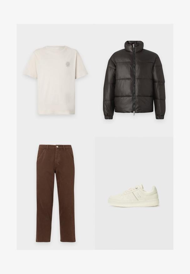 Fekete pufferszék kabát magas gallérral, cipzáras záródással és vízszintesen tűzött részekkel. Fényes, sima anyagból készült, elasztikus mandzsettákkal.; Krém színű, rövid ujjú pamut póló, bal mellen egy kis napgrafikával. Egyszerű kerek nyakkivágás és laza szabás jellemzi.; Barna pamut nadrág egyenes szabással, elülső zsebekkel és fémből készült gombos zárással. Simaság jellemzi, minimalista dizájnnal.; Krém színű sneaker perforált részletekkel, fűzőkkel és logóval az oldalán, egy sima fehér háttér előtt kiállítva.