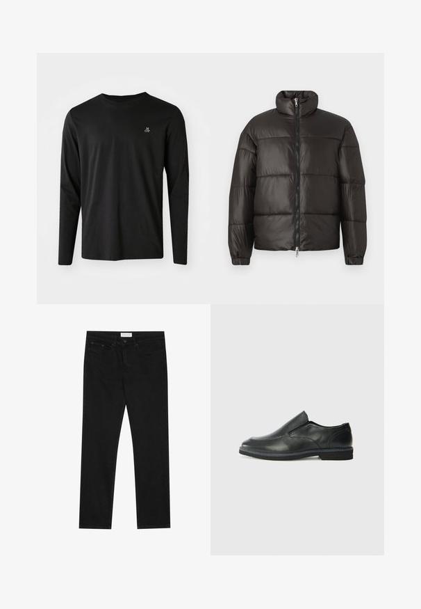 Black puffer jacket with a high collar, zip closure, and horizontal quilted sections. Made of shiny, smooth material with elastic cuffs.; Black long-sleeve t-shirt made of cotton, featuring a crew neckline and a small white logo on the left chest area. Simple design.; Black straight-leg jeans with five-pocket design, button and zip fly closure, and a Pier One brand label on the waistband.; Black leather slip-on shoe with a smooth upper, stitched accents, rounded toe, and a low rubber heel. Sole features minimal tread.