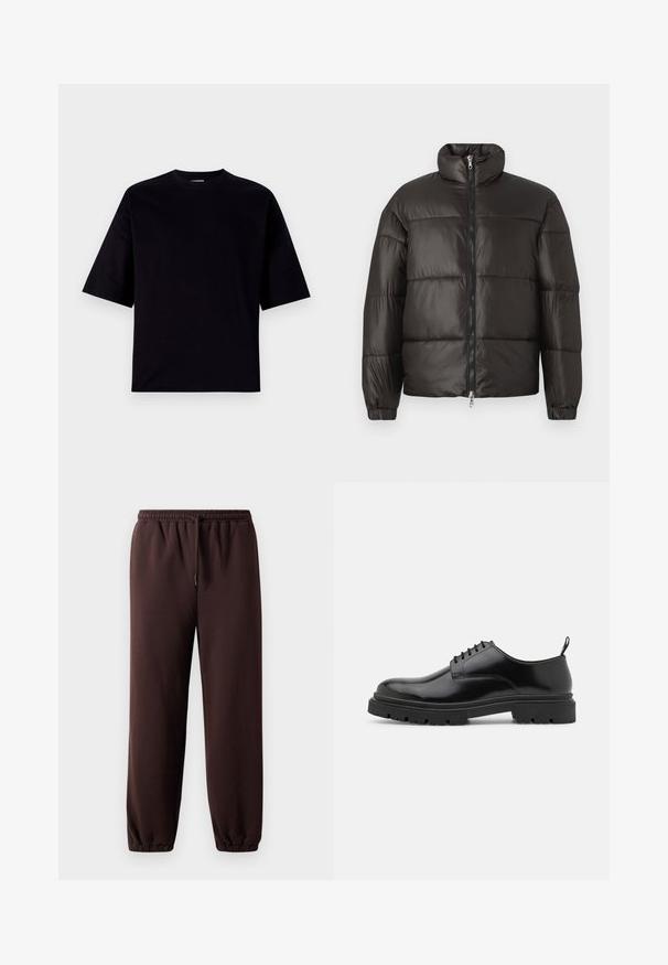 Zwarte pufferjack met een hoge kraag, ritssluiting en horizontaal gestikte secties. Gemaakt van glanzend, glad materiaal met elastische manchetten.; Zwart T-shirt met korte mouwen van katoen. Heeft een ronde hals en een ontspannen pasvorm met een gladde textuur en zonder patronen of versieringen.; Bruine joggerpants met een verstelbare tailleband, elastische boorden en een zachte katoen-stof. Heeft een ontspannen pasvorm en een minimalistisch ontwerp.; Zwarte leren veterschoenen met een ronde neus, gladde textuur en geribbelde rubberen zool. Heeft een kleine hak en een lus aan de achterkant.