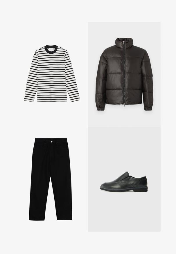 Musternahk, kõrge kraega must puffer jope, millel on tõmblukku sulgemine ja horisontaalsed tikandid. Valmistatud läikivast, siledast materjalist, millel on elastsed mansetid.; Pikkade varrukatega särk mustade ja valgete triipudega. Ribikraan ja mansetid. Pehme kangas, millel on ühtlane horisontaalne muster. Klassikaline lõige.; Mustadest denimist püksid, millel on sirge jalg, viie tasku disain ja eesnupuga sulgur. Sile tekstuur koos minimaalsete õmblustega.; Must musta laia suuga king, millel on sile ülemine osa, õmmeldud detailid, ümmargune nina ja madal kummist konts. Tallal on minimaalne mustr.