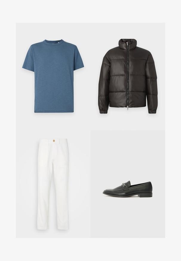 Black puffer jacket with a high collar, zip closure, and horizontal quilted sections. Made of shiny, smooth material with elastic cuffs.; Blue short-sleeved t-shirt made of lightweight fabric, featuring a crew neckline and subtle branding on the chest. Smooth texture.; White fabric trousers with a straight cut, featuring two front pockets and a button closure. Smooth texture and clean design.; Black leather loafer with a smooth finish, featuring a stitched design and a decorative metal chain accent across the vamp. Flat heel.