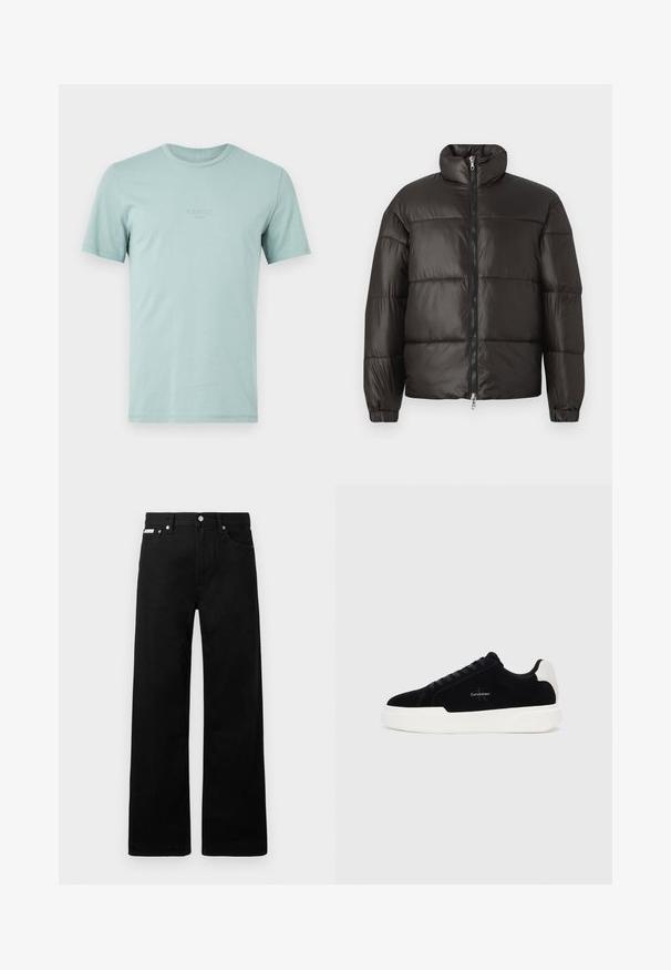Svart puffjacka med hög krage, dragkedja och horisontella quiltade sektioner. Tillverkad av glänsande, slätt material med elastiska ärmavslut.; Ljusblå bomulls-T-shirt med kort ärm, rund halsringning och präglad logotyp framtill. Slät textur, avslappnad passform.; Svarta denimbyxor med en vid bendesign, som har fem fickor och metallknappar. Slät textur, inga synliga mönster.; Svart lågskor med vit sula och hälflik, snörning framtill och Calvin Klein-logotyp på sidan.