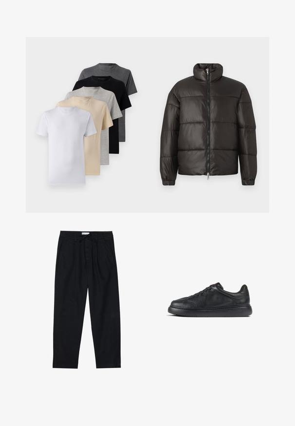 Crna puf jakna s visokim ovratnikom, zatvaranjem na zip i horizontalnim kvadratima. Izrađena od sjajnog, glatkog materijala s elastičnim manžetama.; Set od pet majica s kratkim rukavima u bijeloj, bež, svijetlo sivoj, tamno sivoj i crnoj boji. Izrađene su od glatkog pamuka, s dizajnom okruglog izreza.; Pier One Chino hlače - black; Crne kožne tenisice s teksturiranim finišem, okruglim vrhom i vezanjem na šest rupica. Imaju debelu, crnu gumenu potplatu i minimalno brendiranje.