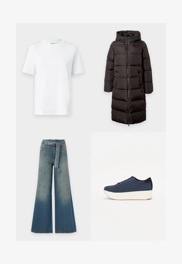 Cămașă cu puf neagră, cu glugă, având o închidere cu fermoar în față, design matlasat și două buzunare laterale; până la genunchi, cu o textură netedă și izolantă.; Tricou alb din bumbac, cu guler rotund, cu mâneci scurte și o textură netedă. Proiectat cu o croială lejeră pentru confort și versatilitate.; Pantaloni din denim largi, cu un gradient de la albastru deschis la albastru închis, talie înaltă, bucle pentru curea și o curea din același material. Finisaj texturat din denim.; Sneaker albastru închis, cu un material texturat pe partea superioară, talpă platformă albă, vârf rotunjit și accent de călcâi negru. Dispune de șase găuri pentru șireturi.