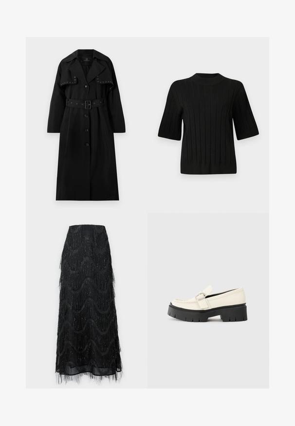 Casaco trench preto feito de tecido liso. Apresenta uma cintura com cinto, grande colarinho, fecho de botão e ilhós decorativos em prata na frente.; Sweater preto de manga curta com textura canelada e gola alta, apresentando riscas verticais e uma silhueta justa.; Saia midi preta com franja em camadas e padrões em ondas. Feita de um material transparente com detalhes brilhantes ao longo das bordas.; Mocassim de couro branco com sola plataforma preta robusta, apresentando uma fivela retangular prateada e detalhes de costura visíveis na parte superior.