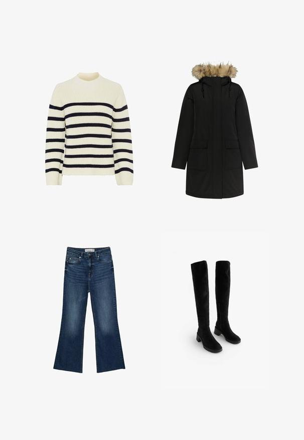 Czarna kurtka parka z kapturem wykończonym futrem, dwoma przednimi kieszeniami i sznurkiem przy szyi, wykonana z gładkiego, trwałego materiału.; Kremowy sweter w granatowe poziome paski, o żeberkowej fakturze i okrągłym dekolcie. Posiada długie rękawy i prosty dół.; Szerokie dżinsy z ciemnoniebieskiego denimu o gładkiej fakturze, z przednimi kieszeniami, szlufkami na pasek i zapięciem na guzik.; Czarne zamszowe kozaki za kolano na grubym słupkowym obcasie, z teksturowaną powierzchnią i bocznym zamkiem błyskawicznym. Jednolity czarny kolor bez widocznych wzorów.