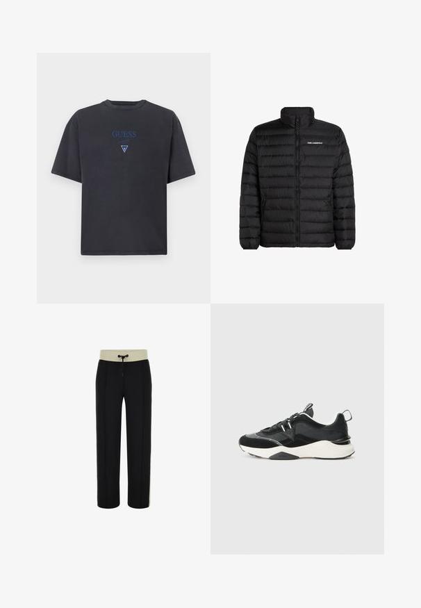Melna pūka jaka ar augstu apkakli, quilted dizainu, priekšējo rāvējslēdzēju un balto logotipu uz krūtīm. Divas sānu kabatas. Gluda tekstūra.; Tumši pelēks T-krekls izgatavots no kokvilnas, ar apaļu kakla izgriezumu un īsām piedurknēm. Centrā ir zils izšūts "GUESS" logs un trīsstūrveida akcents.; Melni sporta bikses ar krēmīgu ribotu jostasvietu, auklu un sānu paneļiem. Taisna kāju dizains ar gludu tekstūru un bez redzamām ornamentiem.; Melni sporta apavi, kas izgatavoti no samta un acs materiāliem, ar masīvu baltu zoli un atstarotājiem. Iekša ar aukliņu dizainu un cilpu.