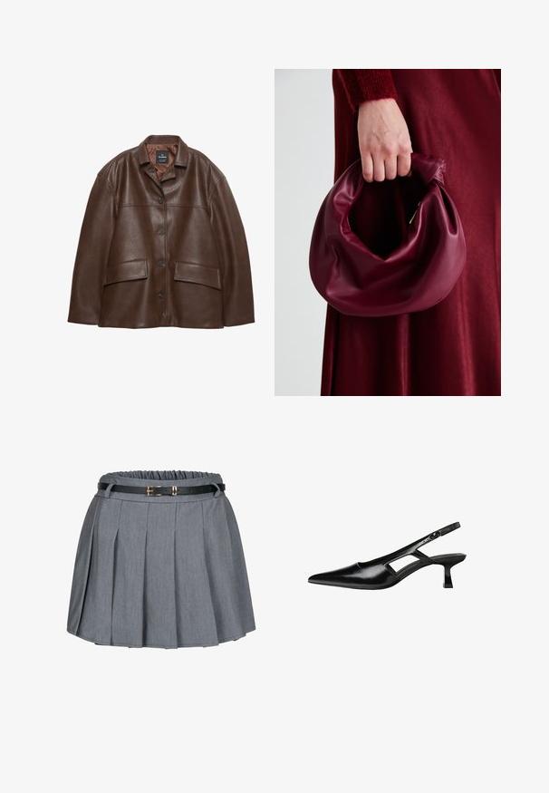 Braune strukturiertes Lederjacke mit Knopfleiste, spitzem Kragen und zwei Klappen-Taschen auf einem weißen Hintergrund.; Rippentierter, kastanienroter Rollkragenpullover mit langen Ärmeln und figurnahem Schnitt. Weiche Textur, minimalistisches Design und keine sichtbaren Beschläge.; Grauer Faltenrock mit gatherd Taille und einem schwarzen Gürtel mit goldener Schnalle. Weicher Stoff mit glatter Textur.; Schwarze Lackleder-Slingback-High Heels mit spitzer Zehenform, ausgeschnittenem Seitendesign und kleinem Blockabsatz. Glatte Textur mit minimalen Akzenten.; Burgunderleder-Handtasche mit einem weichen, gerafften Design und einer gerundeten Form. Der Griff ist gesichert und zeigt eine glatte Textur.