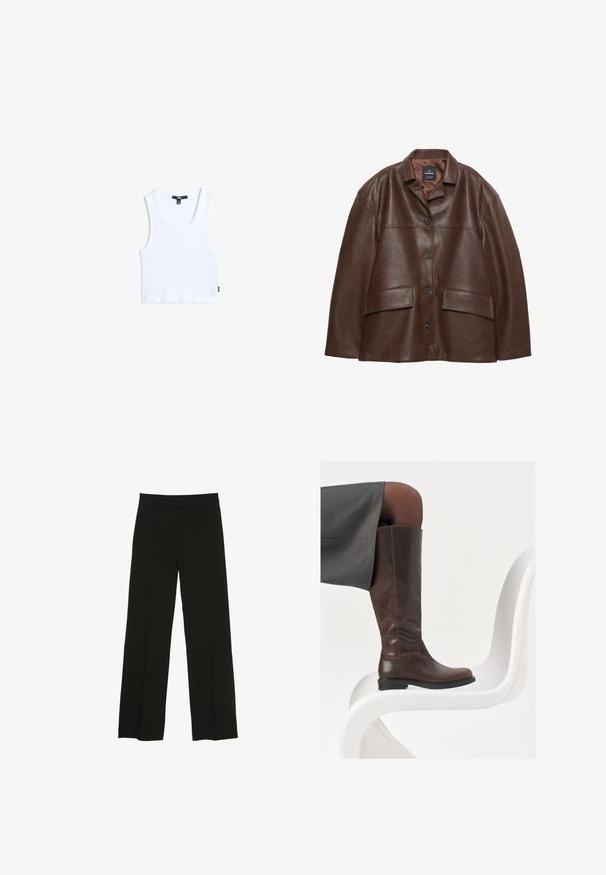 Bruine leren jas met textuur, knopen aan de voorkant, puntige kraag en twee klepzakken op een witte achtergrond.; Witte katoenen tanktop met een geribbelde textuur, ronde halslijn en brede schouderbanden. Heeft een klein merketiket aan de zoom.; Zwarte wijde pantalon gemaakt van een soepele stof, met een aansluitende tailleband en subtiele plooien aan de voorkant voor extra textuur.; Bruine leren knie-hoge laars met een ronde neus, een soepele textuur en minimale stikseldetails, tegen een lichte achtergrond op een witte stoel.