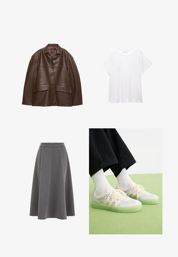 Rjav usnjeni jopič s teksturo, gumbom spredaj, sponastim ovratnikom in dvema žepoma s poklopcem na belem ozadju.; Bela majica s kratkimi rukavi, izdelana iz mehkega in lahkega blaga. Ima okroglo ovratnico ter kratke, široke rokave z udobnim krojem. Brez vidnih vzorcev.; Siva A-linija krilo z gladko teksturo, nabrano obliko in prilegajočim pasom. Tkanina se zdi lahka in mehko pada.; Svetlo obarvani superge z zgornjim delom iz usnja in mrežaste tkanine, ki imajo tri stranske črte, ravne vezalke in prozoren zeleni gumijast podplat.