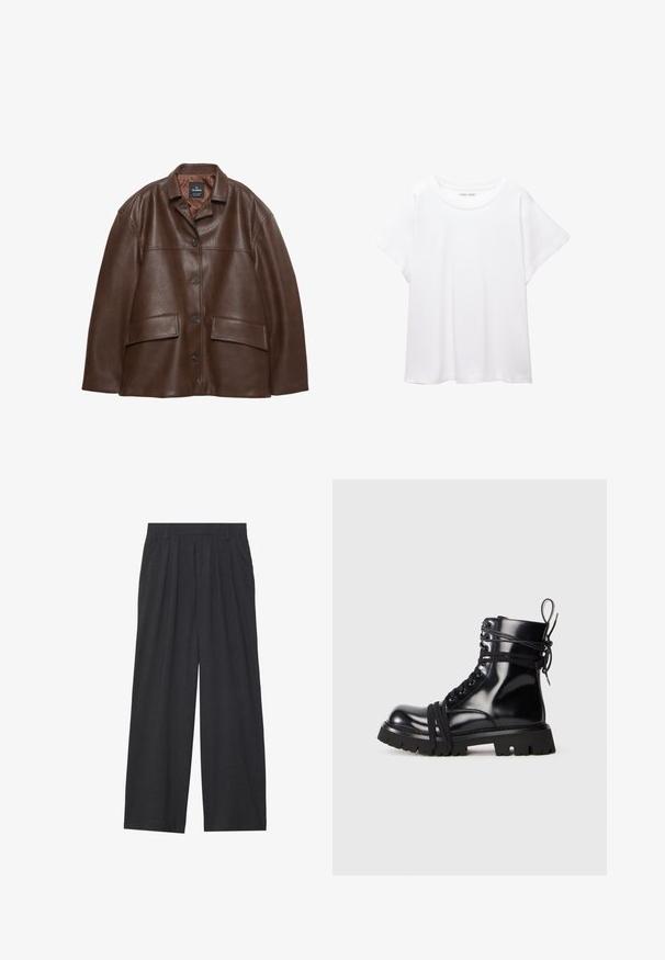 Brown textured leather jacket with button front, pointed collar, and two flap pockets on a white background.; White T-shirt made of soft, lightweight fabric. Features a round neckline and short, wide sleeves with a relaxed fit. No visible patterns.; Wide-leg trousers made of dark gray fabric. Features pleats at the waist, a tailored design, and a straight silhouette.; Black patent leather boot with a chunky sole, rounded toe, and lacing details. Features wrapped laces and a pull tab on the heel.