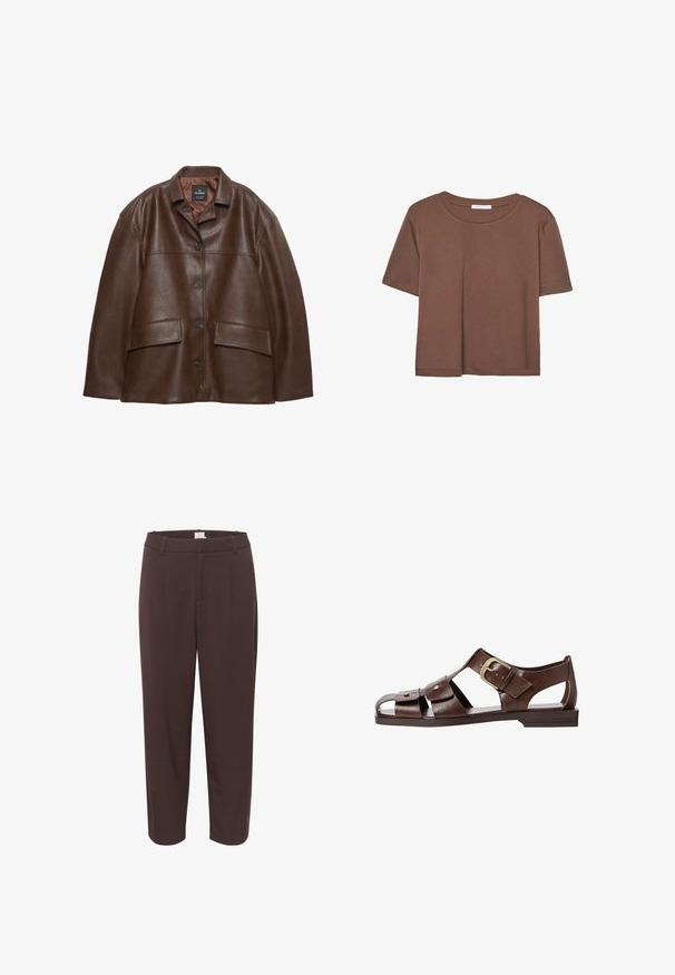 Hnedá štruktúrovaná kožená bunda s gombíkovým zapínaním, so špicatým golierom a dvoma náprsními vreckami na bielom pozadí.; Hnedé tričko s krátkym rukávom vyrobené z jemného materiálu, s okrúhlym výstrihom a voľným strihom. Žiadne viditeľné vzory ani akcenty.; Hnedé nohavice v prispôsobenom dizajne, s pásom, prednými skladkami a rovnými nohavicami. Hladká štruktúra a minimálne detaily.; Hnedé kožené sandále s vyrezávaným dizajnom, nastaviteľnou bočnou sponou a plochou podrážkou, s kovovými akcentmi a otvorenou špičkou.