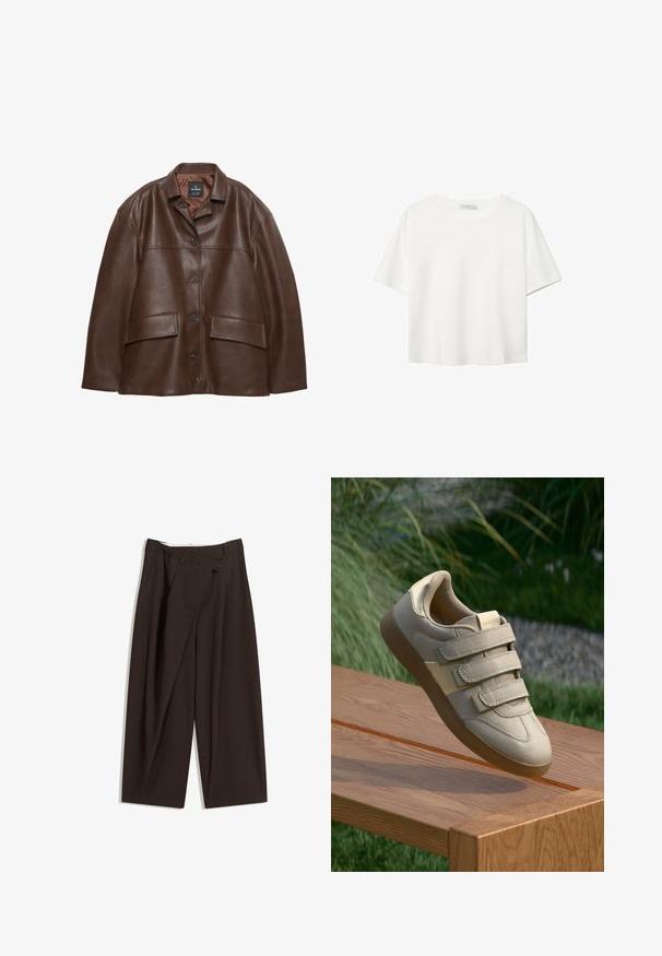 Giacca in pelle marrone con texture, chiusura con bottoni, colletto a punta e due tasche a pattina su uno sfondo bianco.; T-shirt bianco a maniche corte realizzato in cotone. Presenta un collo tondo e una vestibilità rilassata. Texture liscia senza motivi o dettagli visibili.; Pantaloni a gamba larga marrone scuro con vita alta, dotati di una chiusura con bottone singolo e una parte anteriore plissettata. Realizzati in tessuto leggero.; Sneaker beige con tre strap in velcro, materiale in morbida pelle scamosciata sintetica, punta tondeggiante e suola in gomma, esposte su una superficie di legno.
