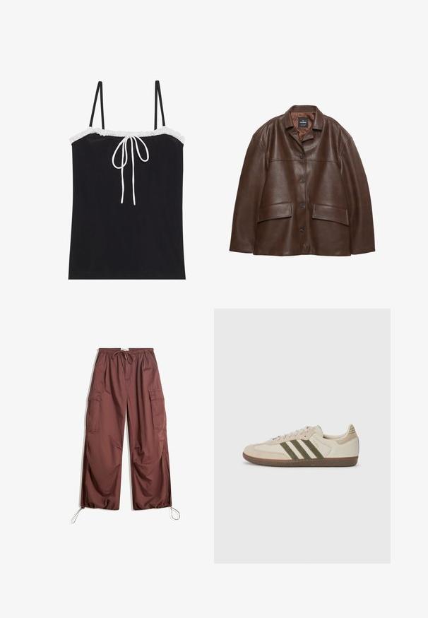 Hnědá texturovaná kožená bunda s předním zapínáním na knoflíky, špičatým límcem a dvěma klopovými kapsami na bílém pozadí.; Černý tílko s tenkými nastavovacími ramínky, s bílým volánkovým výstřihem a středovým zavazováním. Hladká textura, jednoduchý design.; Široké hnědé cargo kalhoty s elastickým pasem, stahovací šňůrkou, velkými bočními kapsami a nastavitelnými šňůrkami na kotnících.; adidas Originals SAMBA OG UNISEX - Tenisky - alumina/medium dark khaki/gum