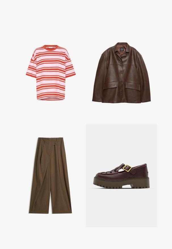 Jachetă din piele texturată maro cu închidere cu nasturi, guler ascuțit și două buzunare cu clapetă pe un fundal alb.; Tricou cu mânecă scurtă, în dungi roșii și albe, confecționat dintr-un material moale, cu un croi lejer și guler rotund, având linii orizontale.; Pantaloni largi maro cu dungi subțiri albe, talie înaltă, închidere cu buton frontal și panou suprapus de tip wrap.; Pantofii din piele maro au un design deschis, talpă platformă solidă, detaliu cu cataramă aurie și talpă texturată pentru aderență.
