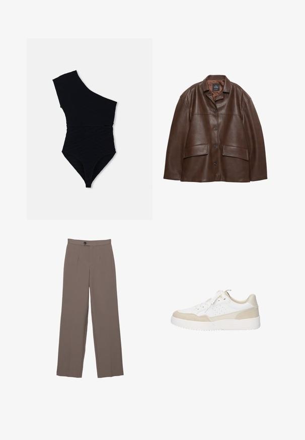 Giacca in pelle marrone con texture, chiusura con bottoni, colletto a punta e due tasche a pattina su uno sfondo bianco.; Costume da bagno intero nero con design a spalla unica, tessuto a coste testurizzato, gambe alte e silhouette aderente.; Pantaloni a gamba larga marroni con una texture liscia, dotati di pieghe frontali, chiusura con bottone e design sartoriale.; Scarpa sportiva bianca con tomaia in pelle liscia e dettagli in suede, punta arrotondata e suola in gomma testurizzata. Lacci posizionati al centro.