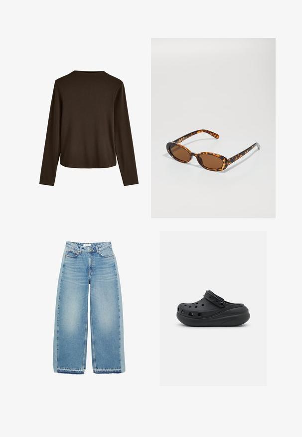 Bruine leren jas met textuur, knopen aan de voorkant, puntige kraag en twee klepzakken op een witte achtergrond.; Bruine lange mouwen top met een ronde hals en een losse pasvorm, gemaakt van zacht katoen met een gladde structuur.; Lichtblauwe wijde denim jeans met een hoge taille, knoopsluiting, voorzakken en een onafgewerkte zoom.; Zwarte rubberen klomp met ventilatiegaten, verhoogde hak en verstelbare band. Gladde textuur en afgeronde vorm.; Schildpadbril met ovale monturen, bruine lenzen en slanke zwarte armen met subtiele patroonaccenten.; Rode driehoekige textielaccessoire met een zachte, gebreide textuur. Versmalt van een bredere bovenkant naar een spitse onderkant, geschikt voor verschillende stijlen.