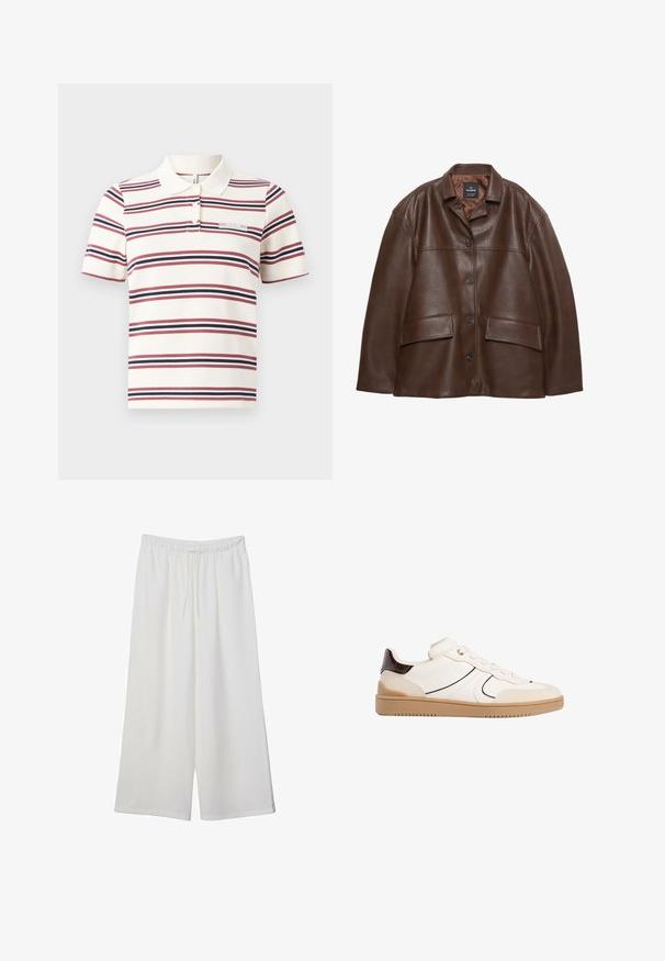 Hnedá štruktúrovaná kožená bunda s gombíkovým zapínaním, so špicatým golierom a dvoma náprsními vreckami na bielom pozadí.; Prúžkovaná polokošeľa v krémovej farbe, s červenými a námorníckymi vodorovnými pruhmi, klasickým golierom, krátkymi rukávmi a malou nášivkou s nápisom "FEARLESS."; Biele široké nohavice z ľahkého materiálu s elastickým pásom a šnúrkou na nastavenie veľkosti. Hladká textúra.; Stradivarius Tenisky - white