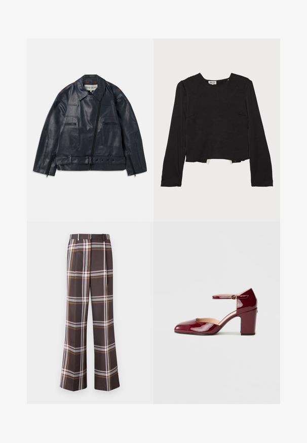 Jachetă din piele navy cu un design structurat, având fermoar pe față, două buzunare la piept și accente maro contrastante pe umeri.; Top negru cu mânecă lungă, guler rotund, țesătură texturată, hem scurt și cusături subtile, având buzunare laterale pentru un plus de detaliu.; Stine Goya FRONT PLEAT LONG STRAIGHT PANTS CASUAL TAILORING - Pantaloni - dark brown; Pantof burgundiu din piele lacuită, cu vârful ascuțit, curea la gleznă și toc pătrat. Prezintă un design cu decupaj pe laterale.