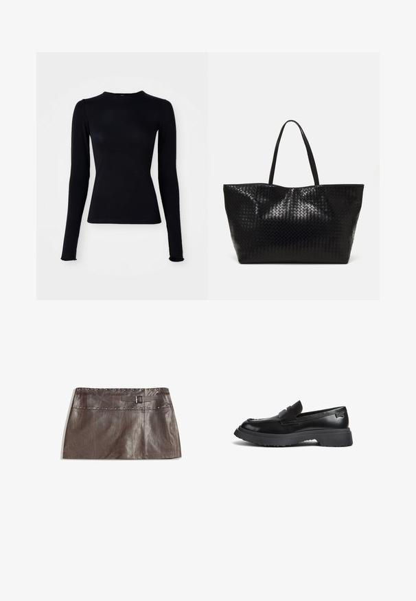 Marineblå læderjakke med en struktureret design, der har lynlås foran, to brystlommer og kontrasterende brune detaljer på skuldrene.; Sort langærmet bluse lavet af et glat, strækbart stof. Har høj hals og tætsiddende pasform, med let udvidede håndled.; Brun læder mini nederdel med en nittet talje og en bælteløjfe med spænde, glat tekstur og slankt, lige design.; Sorte læder loafers med en tyk gummisål, penny-rem og rund tå, vist i sideprofil på hvid baggrund.; Sort vævet tote bag med to robuste håndtag, der har en blank overflade og et rummeligt åbent top design.