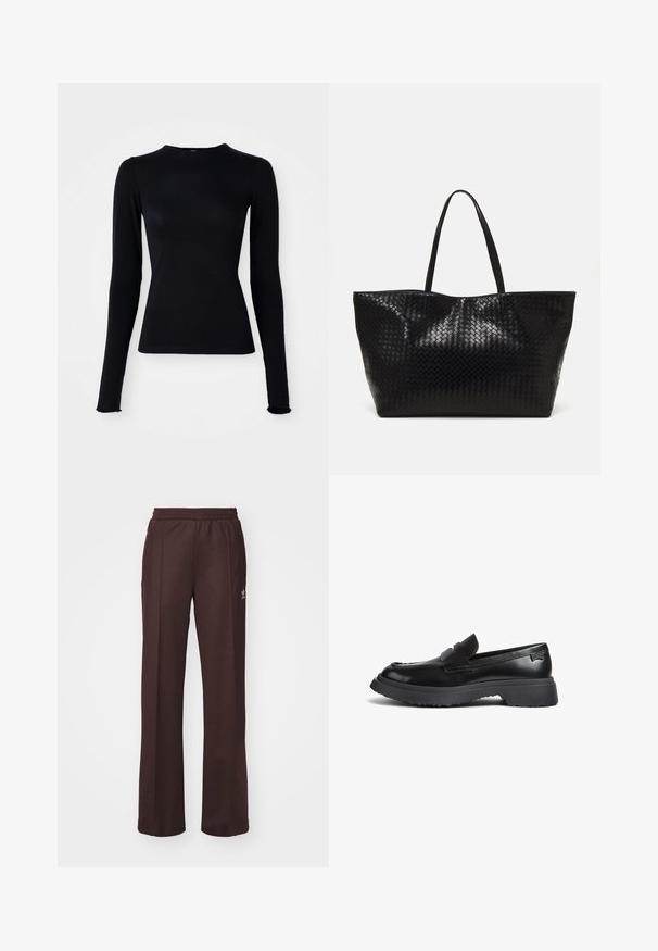 Námořnická kožená bunda se strukturovaným designem, s předním zipem, dvěma náprsními kapsami a kontrastními hnědými akcenty na ramenou.; Černý dlouhý rukáv top vyrobený z hladké, elastické látky. Má vysoký výstřih a přiléhavý střih, s mírně rozšířenými manžetami.; Hnědé sportovní kalhoty s elastickým pasem, dvěma postranními kapsami a malým logem na levé straně, vyrobené z měkké tkaniny.; Černé kožené mokasíny s tlustou gumovou podrážkou, páskem na minci a zaoblenou špičkou, zobrazené v bočním profilu na bílém pozadí.; Černá tkaná taška přes rameno s dvěma pevným uchy, má lesklou texturu a prostorný otevřený vrch.