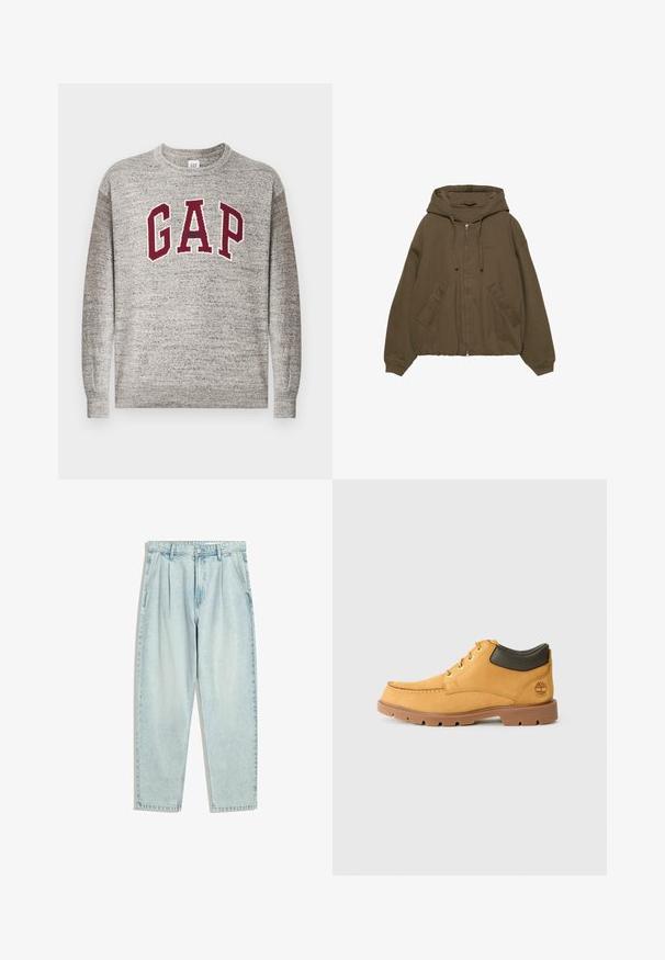 Rjava zip-up kapuca s kapuco, kenguru žepi, ribanimi manšetami in sproščenim krojem. Izdelana iz mehke tkanine z gladko teksturo.; Siv pulover s krojem na ovratniku, na katerem so maroon črke "GAP" in majhen napis "Athletic" v sredini na prsih, z rebrastimi manšetami in robom.; Svetlo modri jeans iz denima z ohlapnim krojem, ki imajo visok pas, naborke in ravne noge. Gladka tekstura, minimalno obrabljeni.; Rumene usnjene čevlje s svetlo rjavim gumijastim podplatom, okroglim nosom in zelenim usnjenim detajlom na gležnju. Opremljeni so z zlatimi luknjicami in šivi.