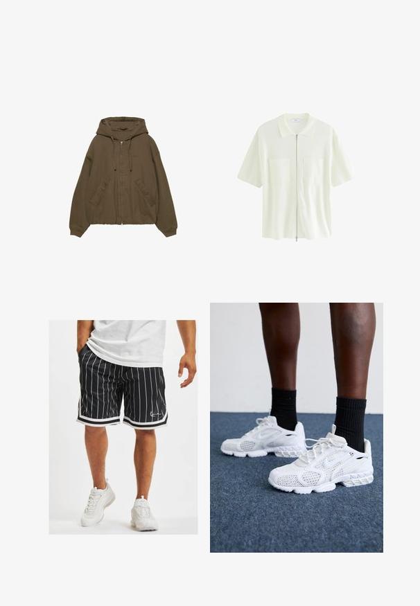 Barna cipzáras kapucnis pulóver, kenguru zsebekkel, bordázott mandzsettákkal és laza szabással. Puha anyagból készült, sima felszíne van.; Rövid ujjú, fehér cipzáras ing, amely texturált anyagból készült, galléros nyakkal és két első zsebével, négyzet alakú fedéllel.; Fekete sportnadrág fehér függőleges csíkokkal, húzózsinóros derékkal és kontrasztos fehér díszítéssel az alján és az oldalsó varratok mentén.; Fehér sportcipők hálós felsőrésszel, textúrázott díszítésekkel és párnázott talppal. Párban fekete bordázott bokazoknival egy kék szőnyeggel borított felületen.