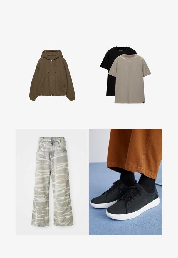 Hnedá mikina na zips s kapucňou, klokankovými vreckami, rebrovanými manžetami a voľným strihom. Vyrobená z mäkkej látky s hladkou textúrou.; Sada dvoch tričiek; jedno čierne, jedno svetlo béžové. Normálny strih s okrúhlym výstrihom, vyrobené z mäkkej bavlnenej látky. Jednoduchý dizajn, bez vzorov.; Svetlošedé džíny s širokými nohavicami, zdobené bielymi abstraktnými vzormi, piatimi vreckami a zapínaním na prednej strane. S detailom na obrate.; Čierne zamatové tenisky s bielymi gumovými podrážkami, so šnurovacím dizajnom, textúrovanými akcentami a decentným brandingom, skombinované s hnedými nohavicami.
