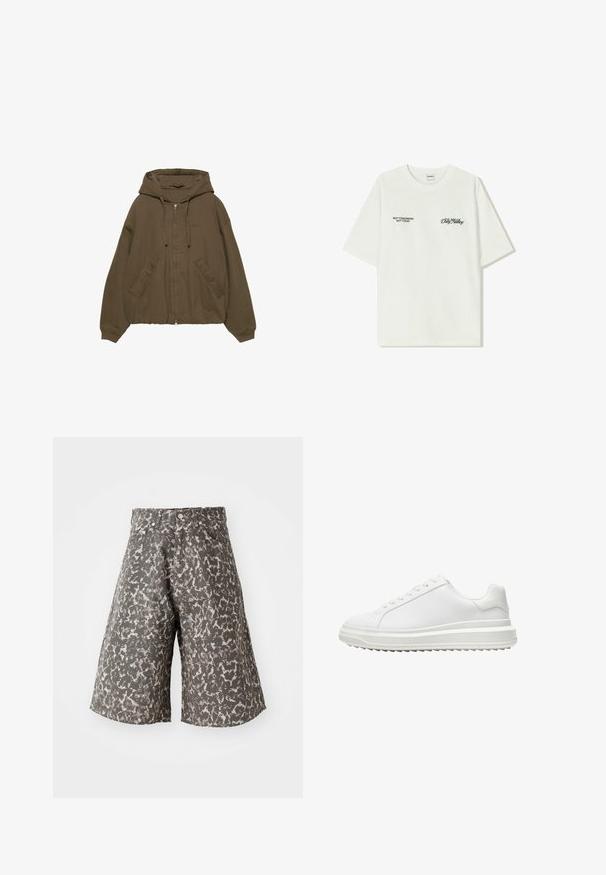 Brun zip-up hoodie med huva, kängurufickor, ribbade ärmslut och en avslappnad passform. Tillverkad av mjukt tyg med en slät yta.; Vit bomullströja med korta ärmar. Framsidan har svart text: "INTE IMORGON INTE IDAG" och "KONSTEN ATT FLYTTA JORD" i grön skrivstil.; Kamouflagebyxor i nyanser av grått och beige. Tillverkade av texturerat material, med en klassisk femficksdesign och metallknappsstängning.; Vit sneaker med en slät syntetisk ovandel, rund tå, platta snörningar, strukturerad sula och en lager-på-lager plattformdesign för extra höjd.