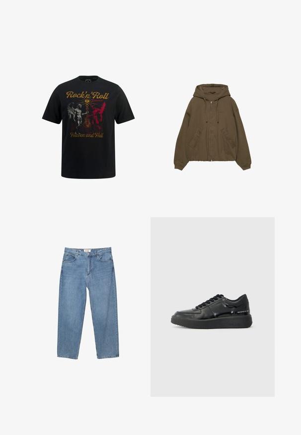 Hnědá mikina na zip s kapucí, klokaními kapsami, žebrovanými manžetami a volným střihem. Vyrobena z měkké tkaniny s hladkou strukturou.; Černé bavlněné tričko s grafikou, která obsahuje kontrastní červené a bílé ilustrace andělů a démonů s nápisem "Rock'n'Roll mezi nebem a peklem."; Světle modré džíny s rovnými nohavicemi, pět kapsovým designem a viditelným logem značky na pase.; Černé kožené tenisky s hladkým povrchem, kulatou špičkou a kontrastní černou gumovou podrážkou. Mají ploché tkaničky a značkování na boku.