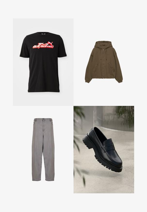 Brun zip-up hættetrøje med hætte, kængurulommer, ribbede manchetter og en afslappet pasform. Fremstillet af blødt stof med en glat tekstur.; Sort bomulds T-shirt med et kraftigt rødt og hvidt grafisk design med teksten "Play different!" og et logoelement. Korte ærmer og rund hals.; Grå denimbukser med høj talje, bred benpasform, frontlynlås og knaplukning. Glat tekstur med minimalistisk design.; Sorte læder loafers med en chunky sål, der har en dekorativ rem og syninger. Glat tekstur med en poleret overflade.