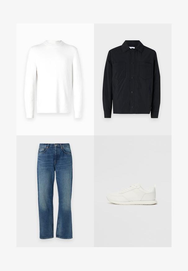 Schwarze Button-up-Jacke aus leichtem Stoff, ausgestattet mit zwei Brusttaschen, einem geraden Kragen und langen Ärmeln. Glatter Stoff und ohne Muster.; Weiße, langärmelige Pullover mit strukturiertem Stoff und Rundhalsausschnitt. Das Design ist minimalistisch, ohne sichtbare Muster oder Akzente.; Blaue Jeans aus Denim mit geradem Schnitt, klassischem Fünf-Taschen-Design, verwaschenem Textur und Kupfennieten.; Weißer Sneaker mit einem Obermaterial aus Mesh und Synthetik, runder Zehenform, flachen Schnürsenkeln und einem strukturierten Seitenstreifen. Gummisohle mit einer Lasche hinten.