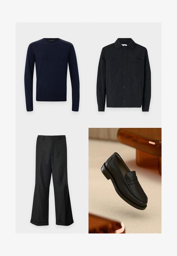 Melna pogu jaka ar īsu piedurkni, izgatavota no viegla auduma, ar divām krūšu kabatām, taisnu apkakli un garām piedurknēm. Gluda tekstūra un bez rakstiem.; Jūras zila adīta džemperis ar garām piedurknēm, apaļu kaklu un ribota apakšmalu. Iezīmējas ar teksturētām plecu akcentiem un pieguļošu siluetu.; Melni plaši bikses ar pogājam jostu un apakšdaļu ar aprocēm, izliktas uz vienkārša balta fona.; Melns ādas mokasīns ar teksturētu virsmu, ar šuvēm un gumijas zolēm. Novietots uz gaiša fona.